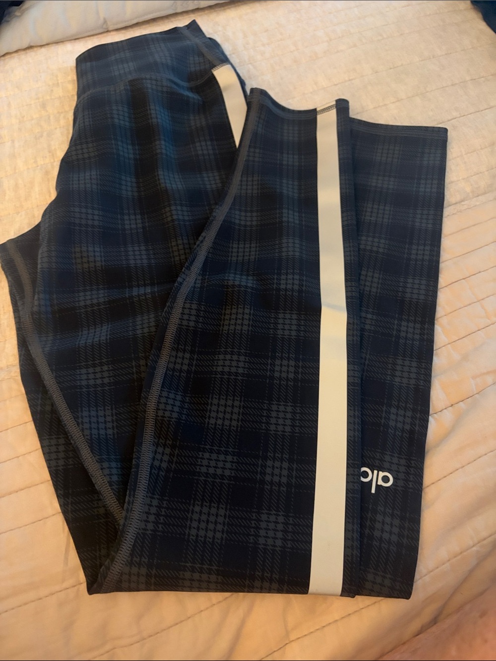 ALO black and gray Plaid leggings with gray Stripe. Size M never worn
